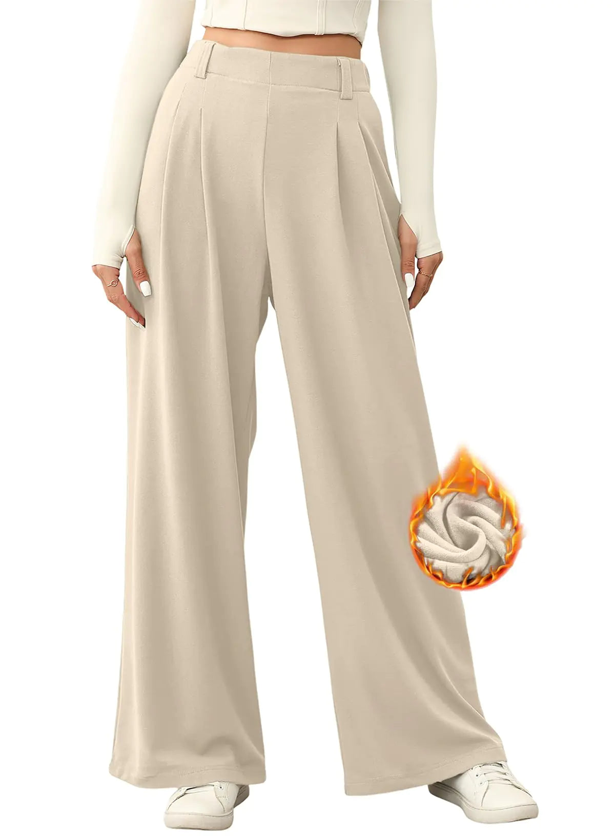 EVALESS Wide Leg Palazzo Pants for Women High Waisted Office Dressy Plain Comfy Waffle Knit Ladies Work Business Casual Pants with Pockets Beige Large - # GIAA23410020