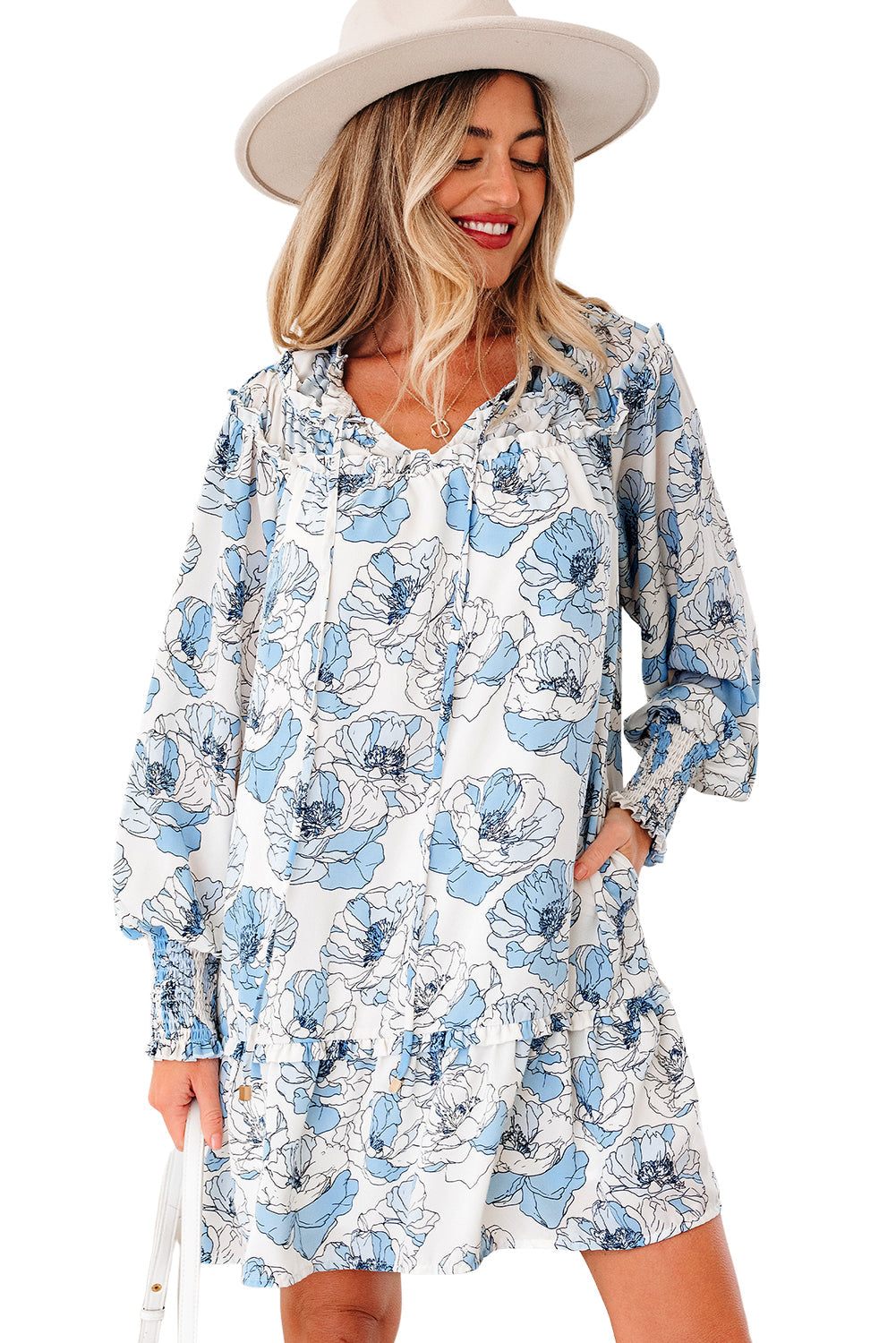 Floral Ruffle Tie Neck Mini Dress