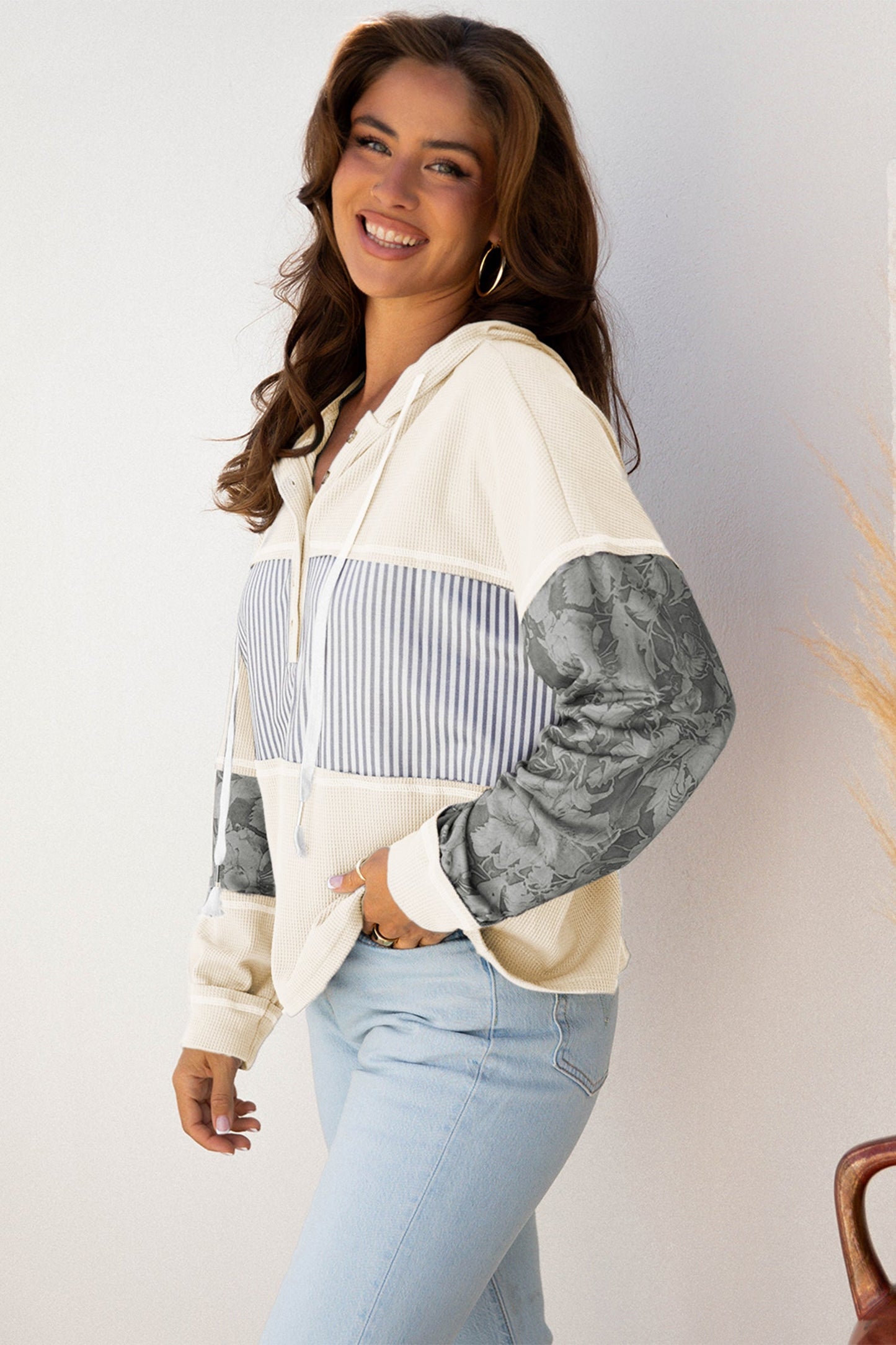 Stripe Waffle Patchwork Hooded Long Sleeve Top