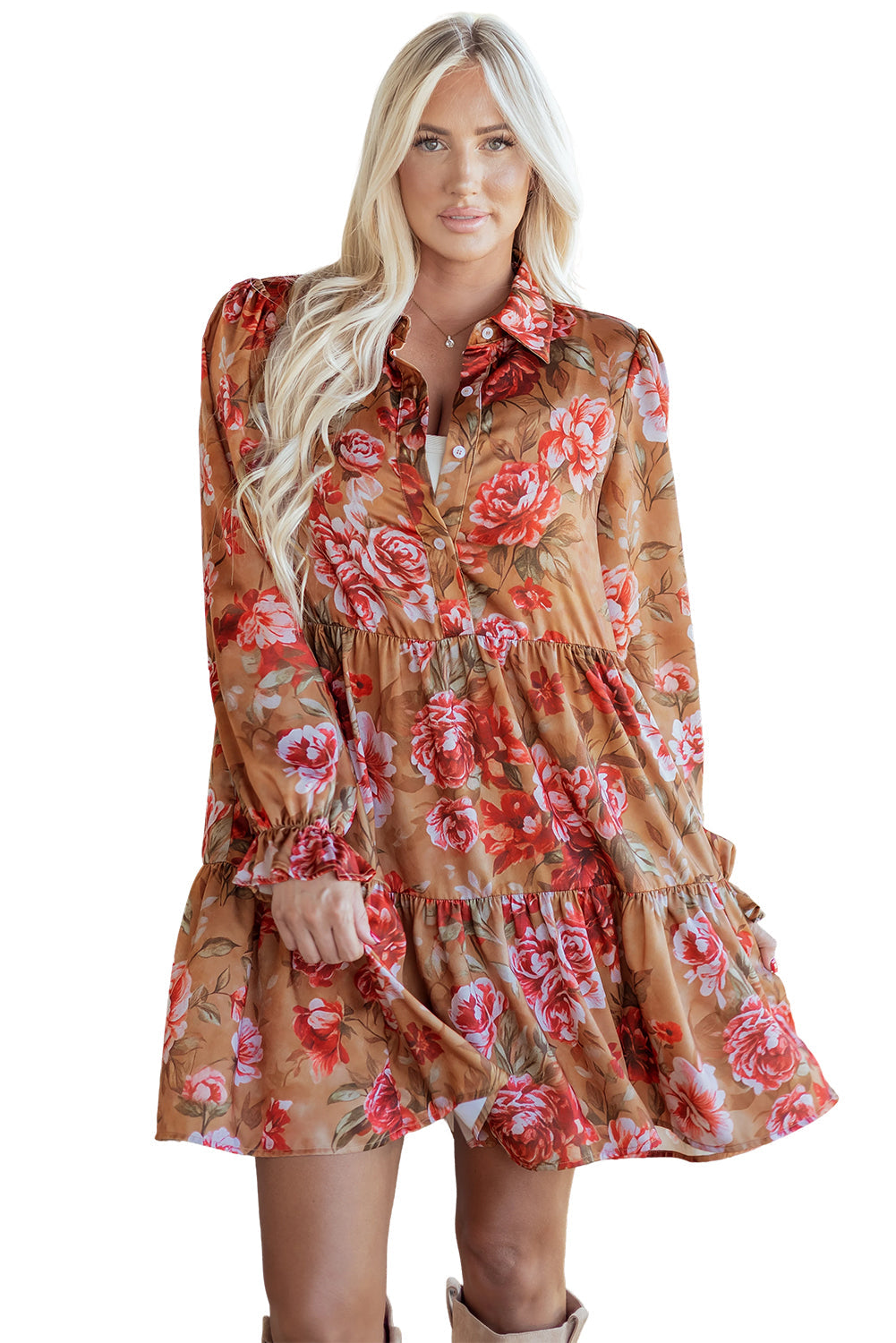 Floral Half-Button Long Sleeve Ruffle Mini Dress