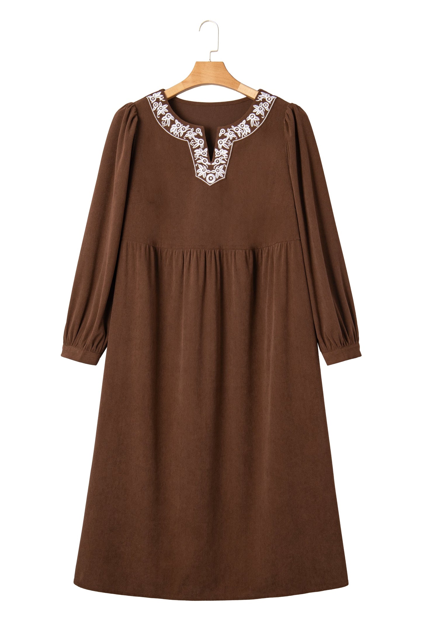 Plus Size Textured Corduroy Embroidered Neckline Midi Dress