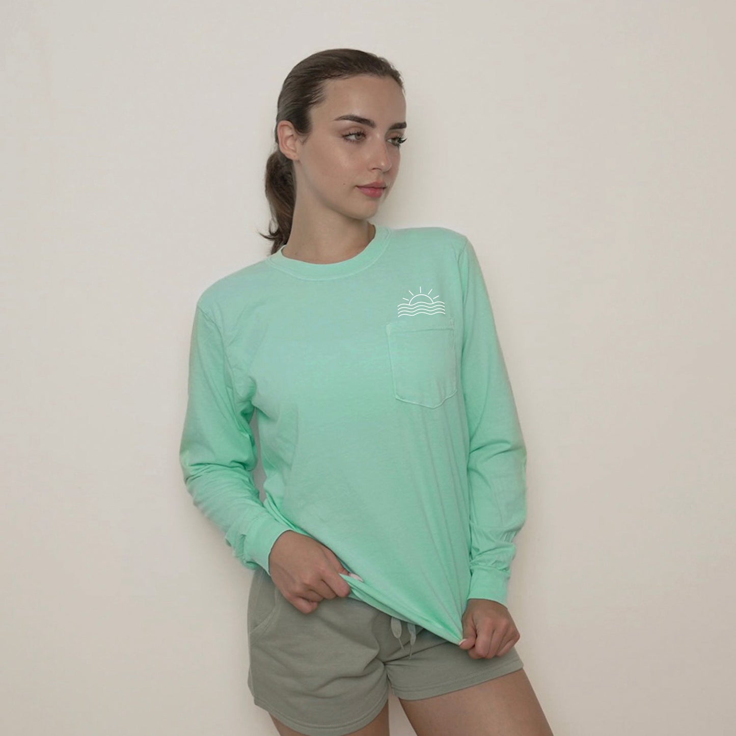 Comfort Colors Sun and Wave Lake Beach Vacation Pocket Long Sleeve Shirt