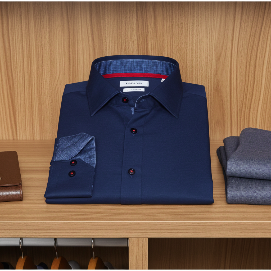 Kevin// Cotton Knit-Stretch Button-Up Shirt With Contrast Details // Navy // Tailored Fit (Fitted)
