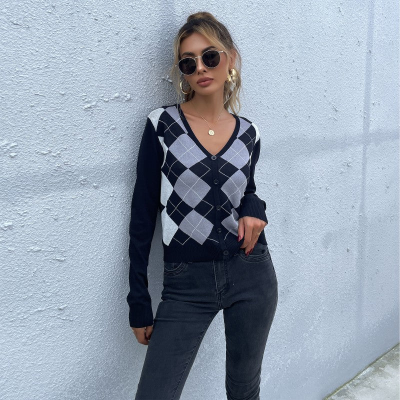 Long-sleeved argyle knit sweater