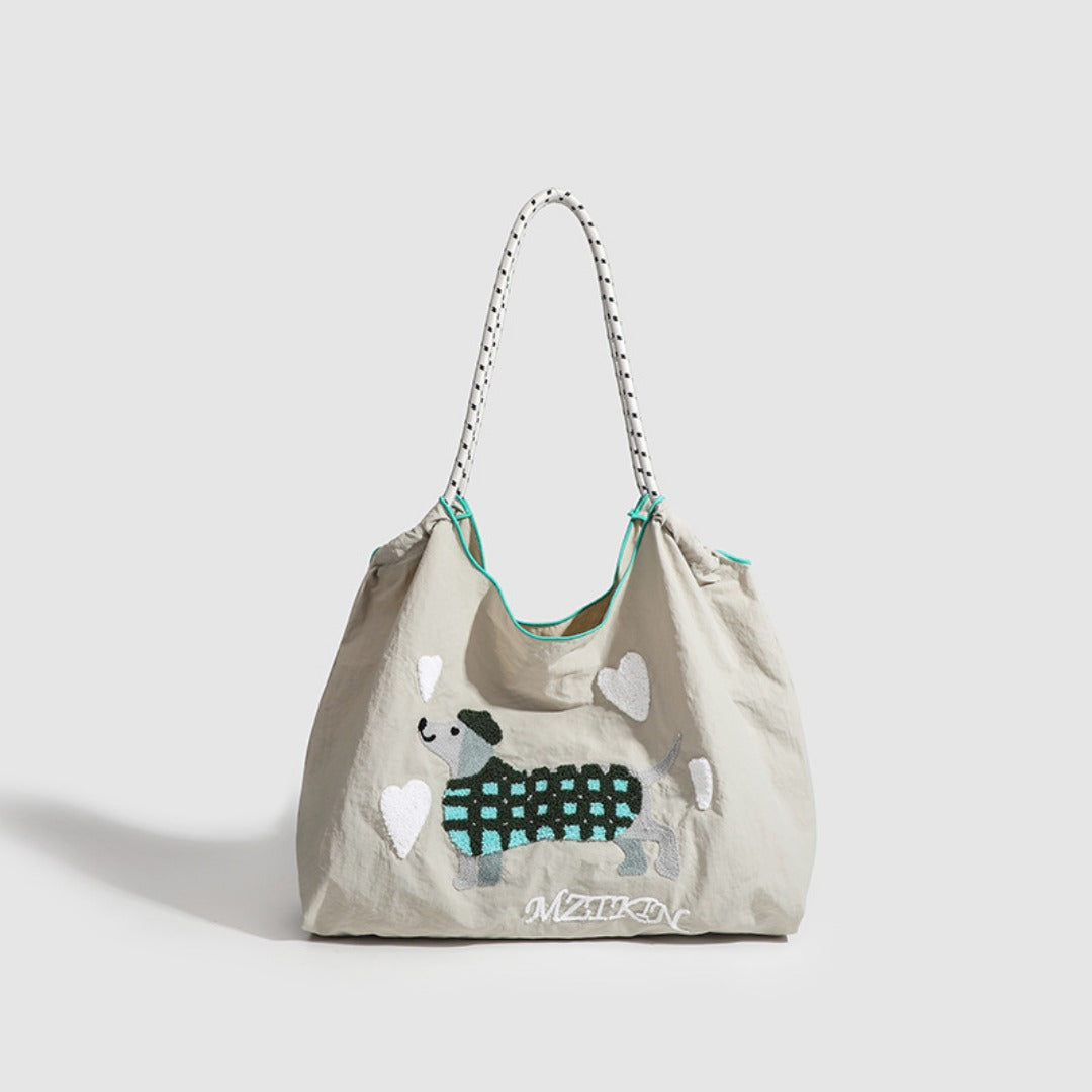 Large Capacity hobo bag with Embroidered Dog pattern, Shoulder bag Nylon, Shoulder Underarm Bag, Commuter hobo Bag Female