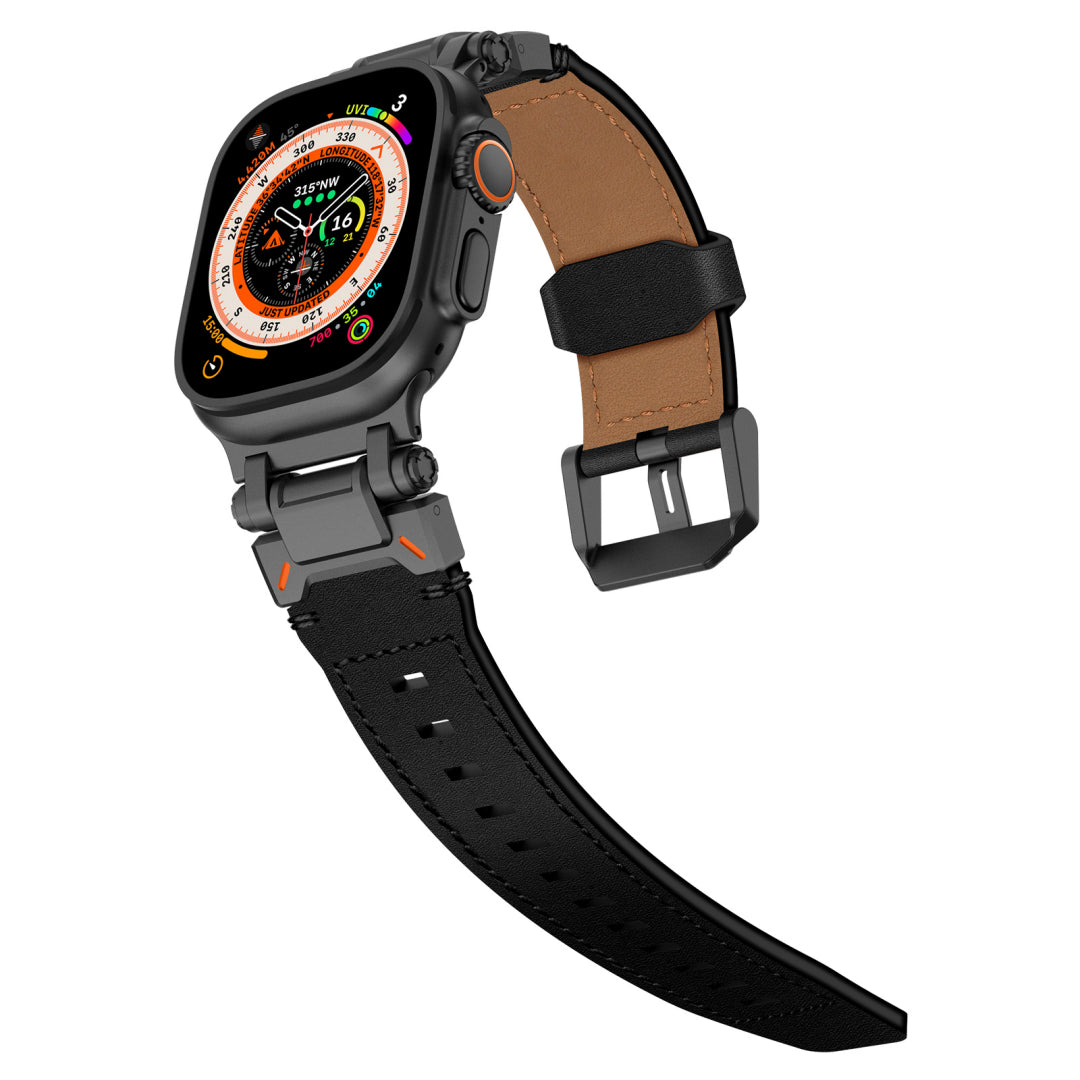 Leather Tactical Band for Apple Watch Ultra – 26mm Wide, Mecha-Style Connectors, Adventure-Ready