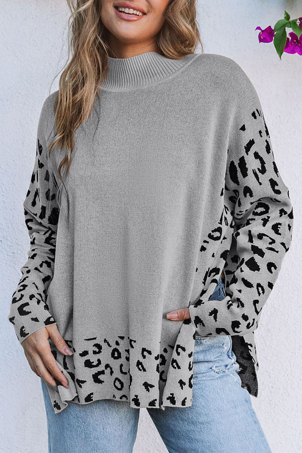 Leopard Mock Neck Side Slit Sweater