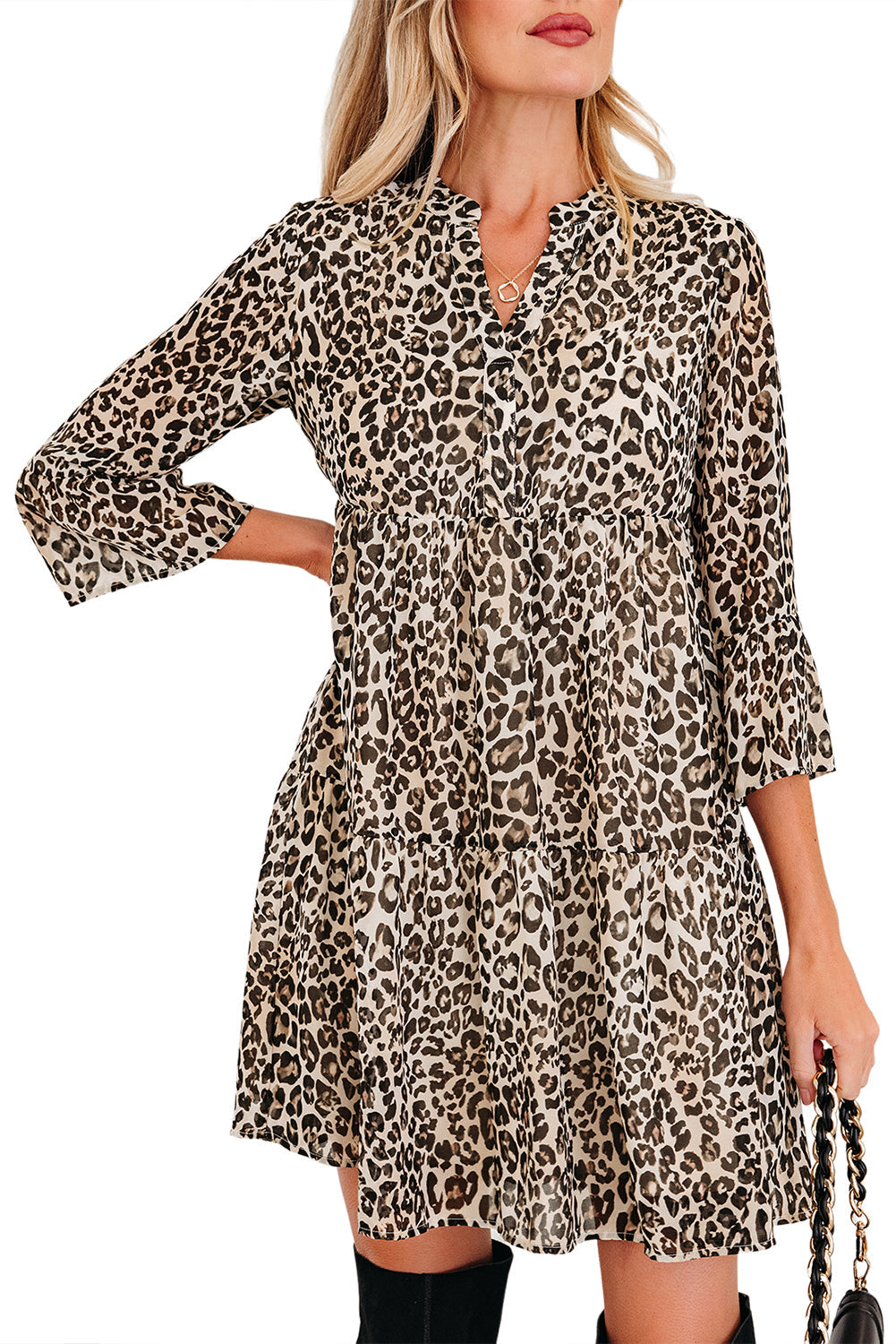 Leopard 3/4 Sleeve V-Neck Dress