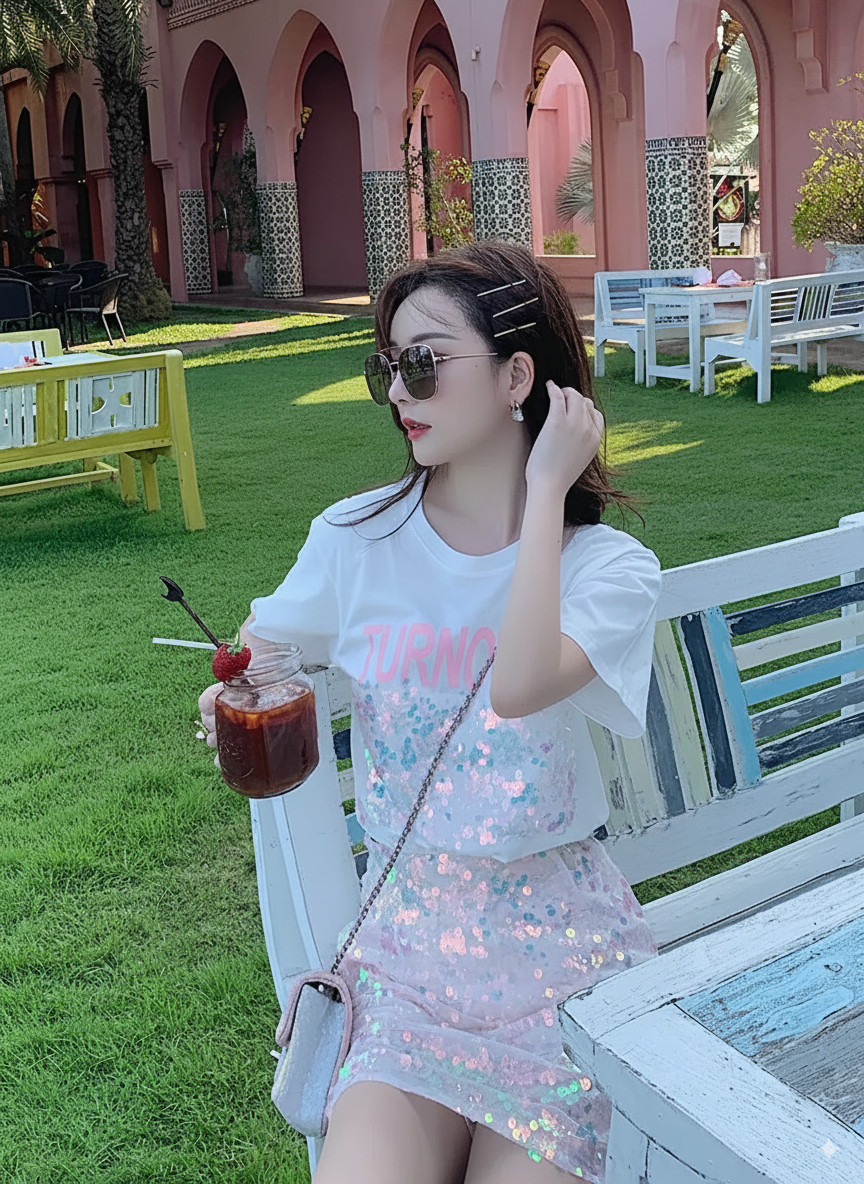 Sequined Two-Piece Set: High-Waisted Skirt & Tee - # GIAA23310007