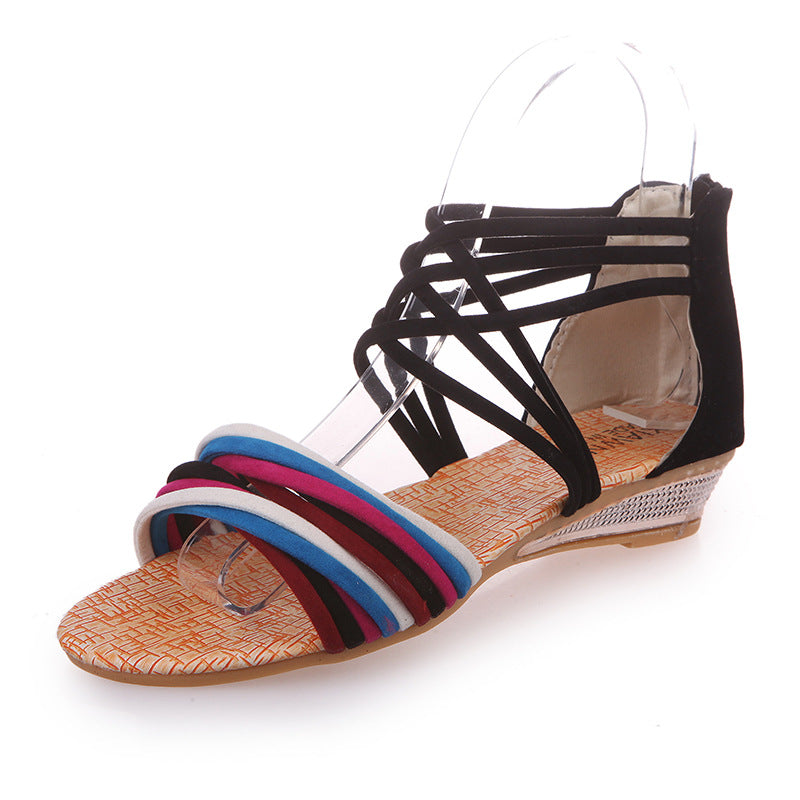 Bohemian Wedge Sandals - Women's Low-heel Open Toe with Back Zipper