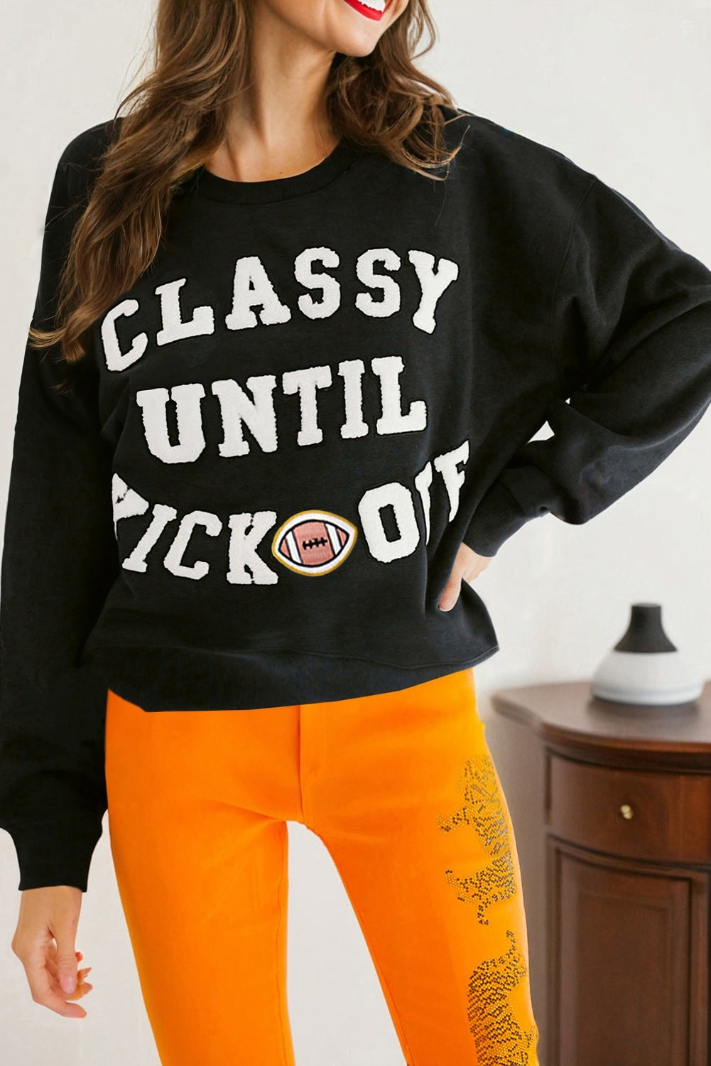 CLASSY UNTIL KICKOFF Patch Game Day Sweatshirt