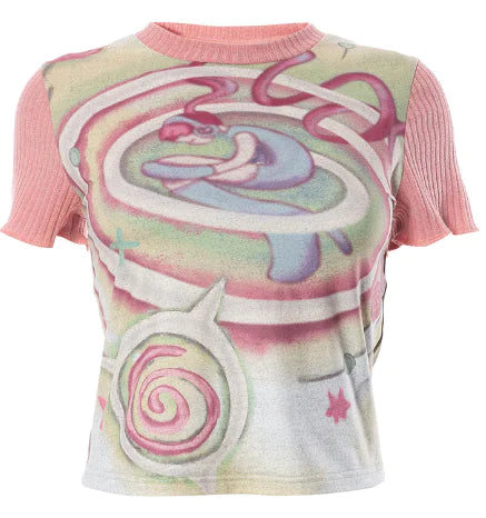 Sweet Girl Pink Plunge Sleeve Color Block T-shirt - # GIAA23510025