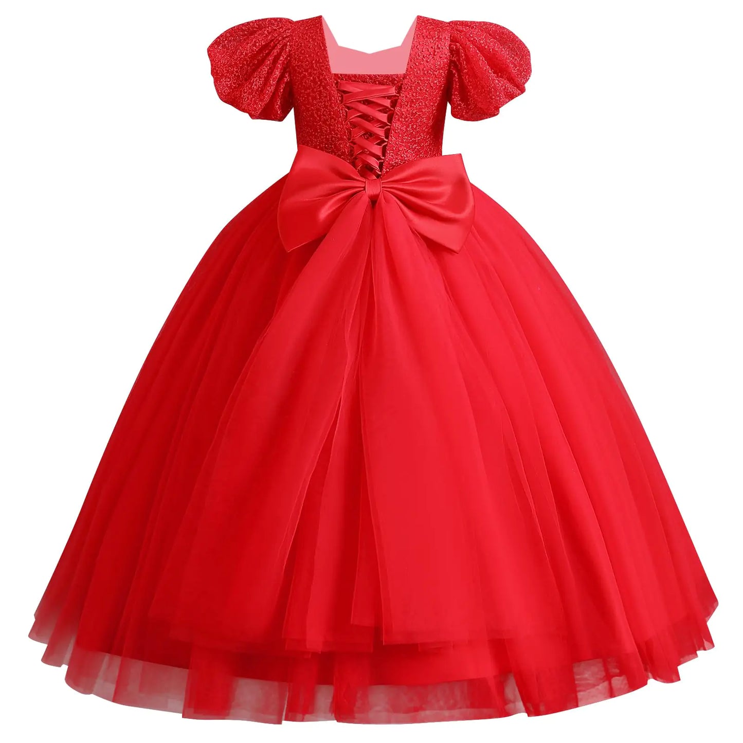 IDOPIP Flower Girl Sequin Lace-up Bowknot Dress for Kids-Wedding Bridesmaid Pageant Party Formal Long Maxi Gown-Big Little Princess First Communion Birthday Prom Puffy Tulle Dresses-Red - 5-6 Years - # GIAA211710023
