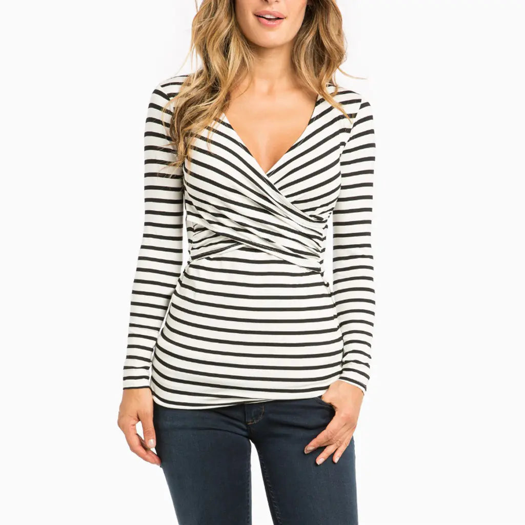 Women's Striped Long Sleeve V Neck Nursing T-Shirt - # BAGE211510104-NURSG