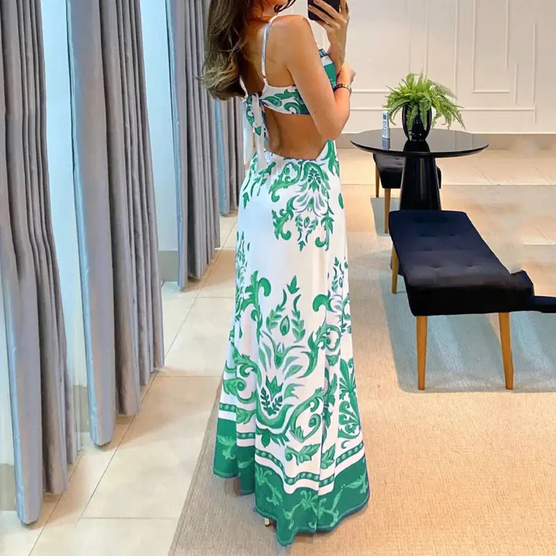 Stylish Printed Backless Vacation Dress - # WOAA211410003-PRG