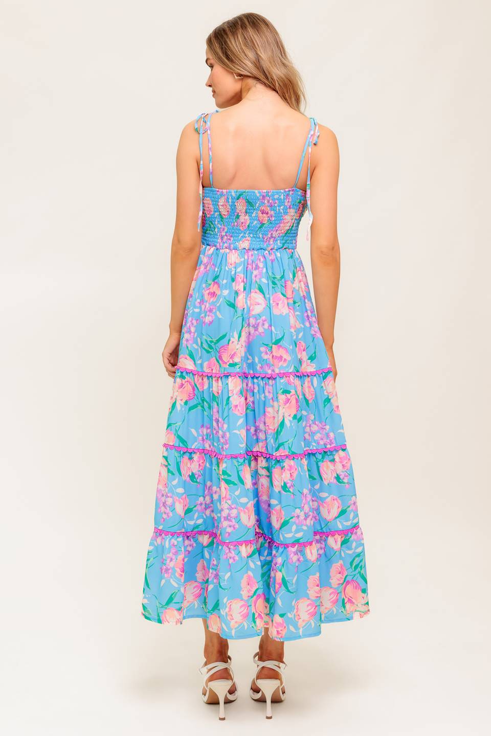 SOFT BLOOM BLUE WOVEN MIDI DRESS