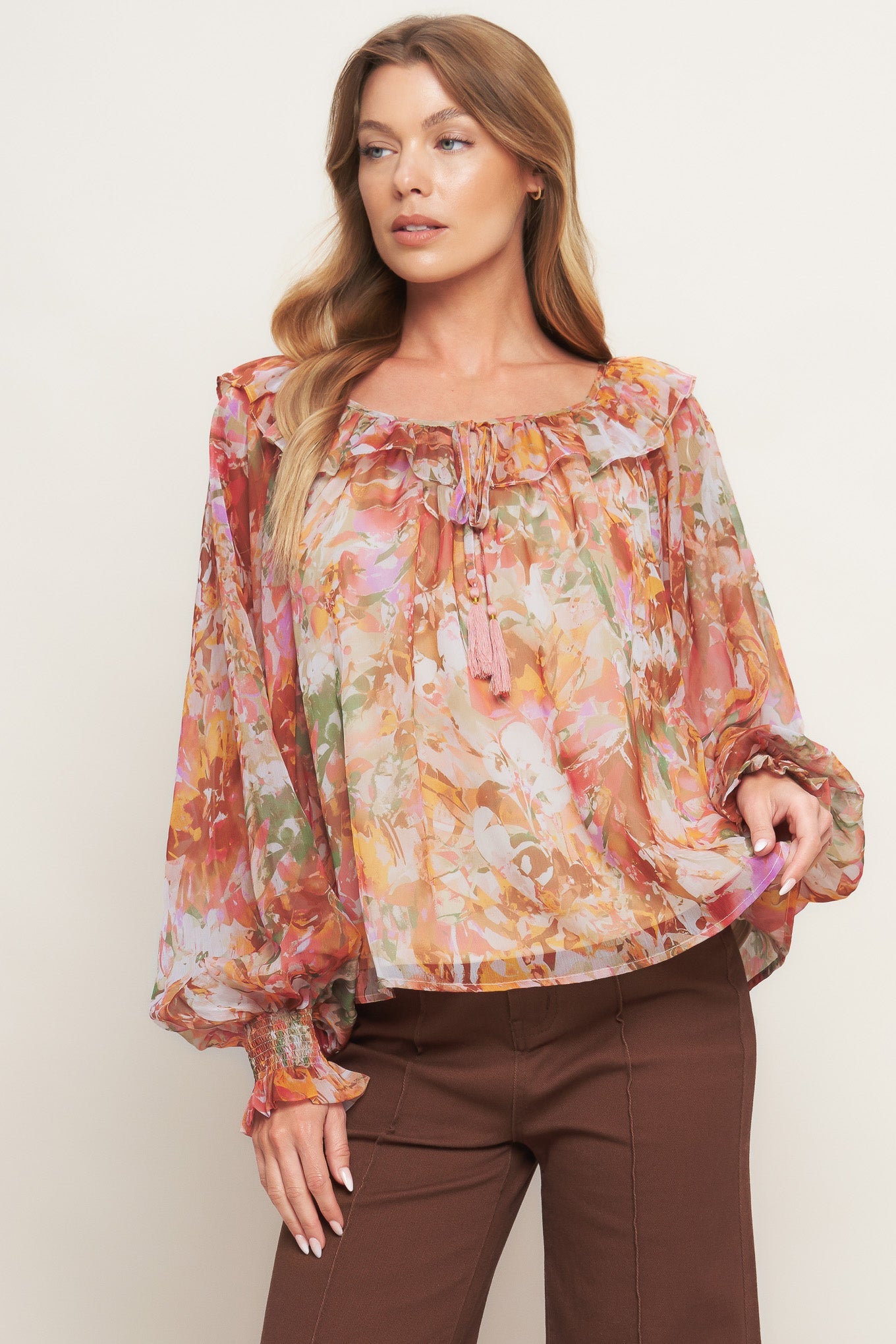 SOFT FLORAL RUST WOVEN TOP