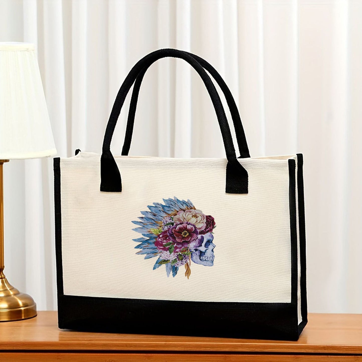 Canvas tote bag, large capacity printed tote bag women's, fashionable waterproof portable shopping bag