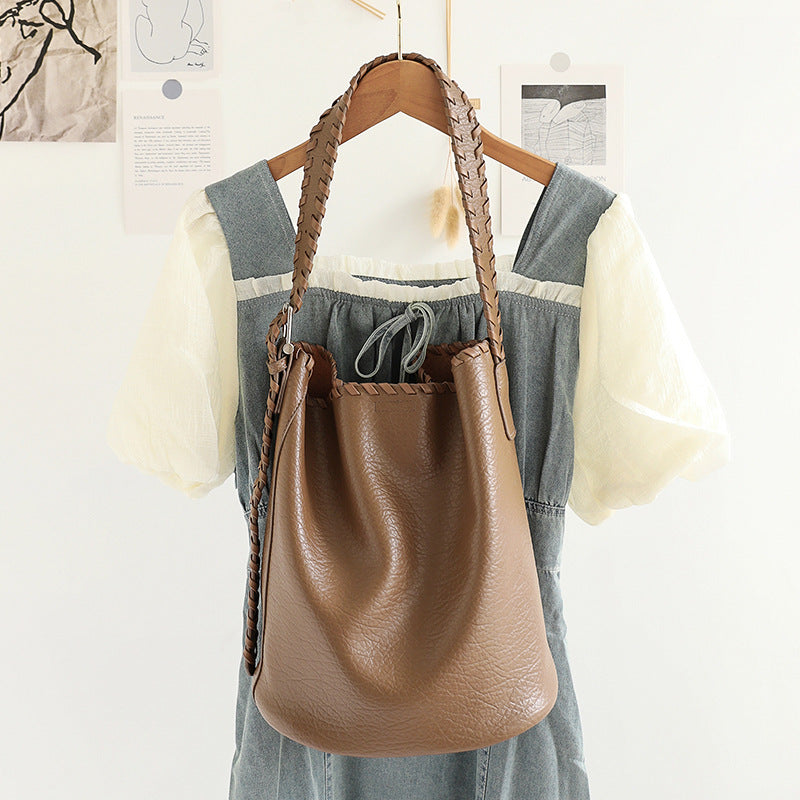 Elegant Woven Shoulder Strap Bucket Bag for Female - Versatile Texture Soft PU Retro Casual Tote