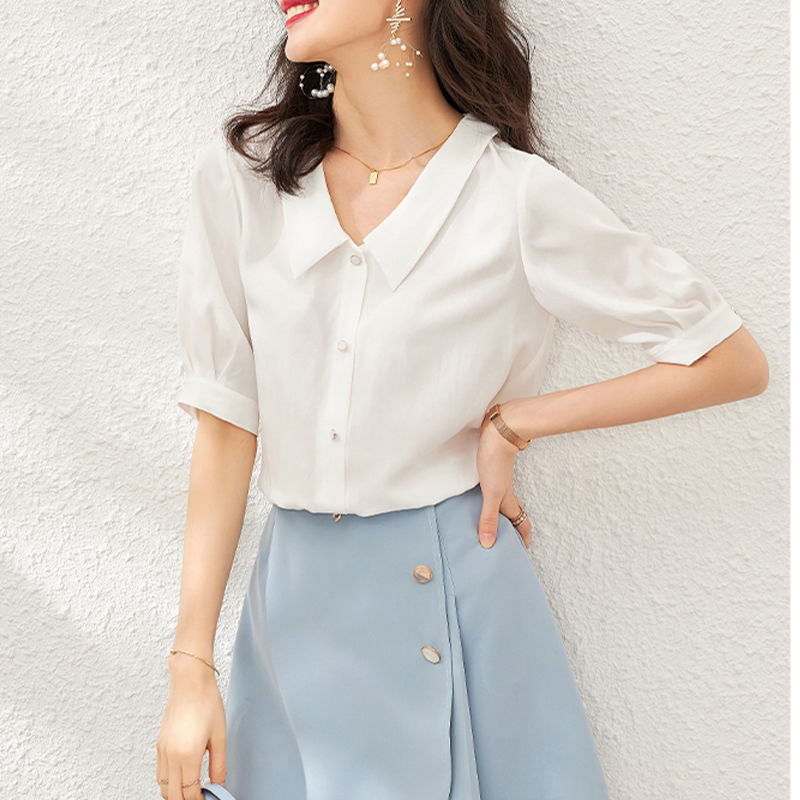 Chiffon Shirt for Women Summer Loose Collar Formal Wear White Shirt SK08210503