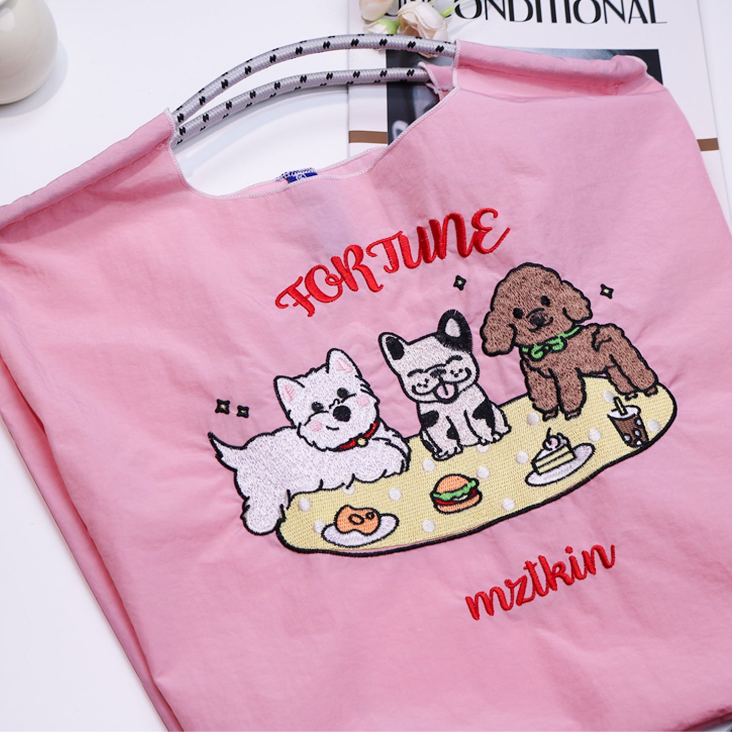Cartoon embroidered shopping bag doggy pattern, nylon tote bag, fashion commuter large capacity shoulder bag