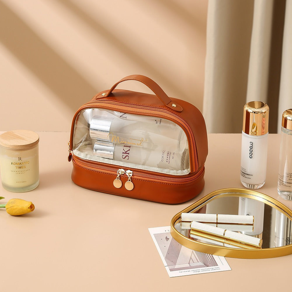 Transparent double layers cosmetic bag, travel large-capacity portable storage bag, PVC waterproof handbag cosmetic toilet bag, transparent makeup purse,Makeup bag with compartments,