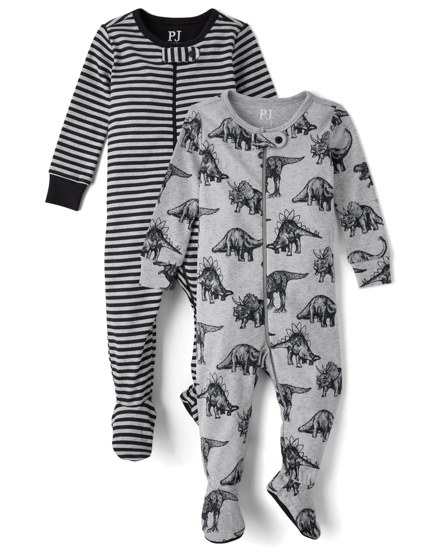 The Childrens Place Baby Boys and Toddler Long Sleeve 100% Cotton Zip-Front One Piece Footed Pajama Dino 2-Pack 0-3 Months - # BAAA81810004