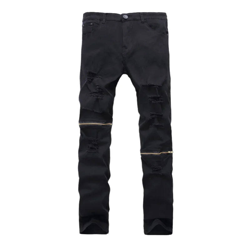 Zippered Holes Elastic Trend Denim Pants - # BOAA13410009