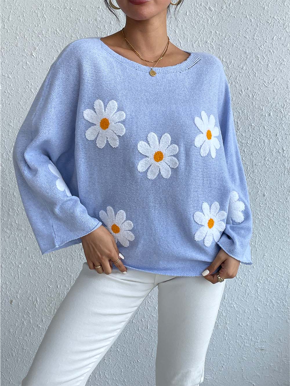 Sweet Floral Bell Sleeve Loose Knit Top | NCS