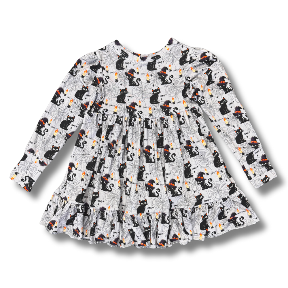 Bamboo Long Sleeve Twirl Dress in Purrfectly Spooky