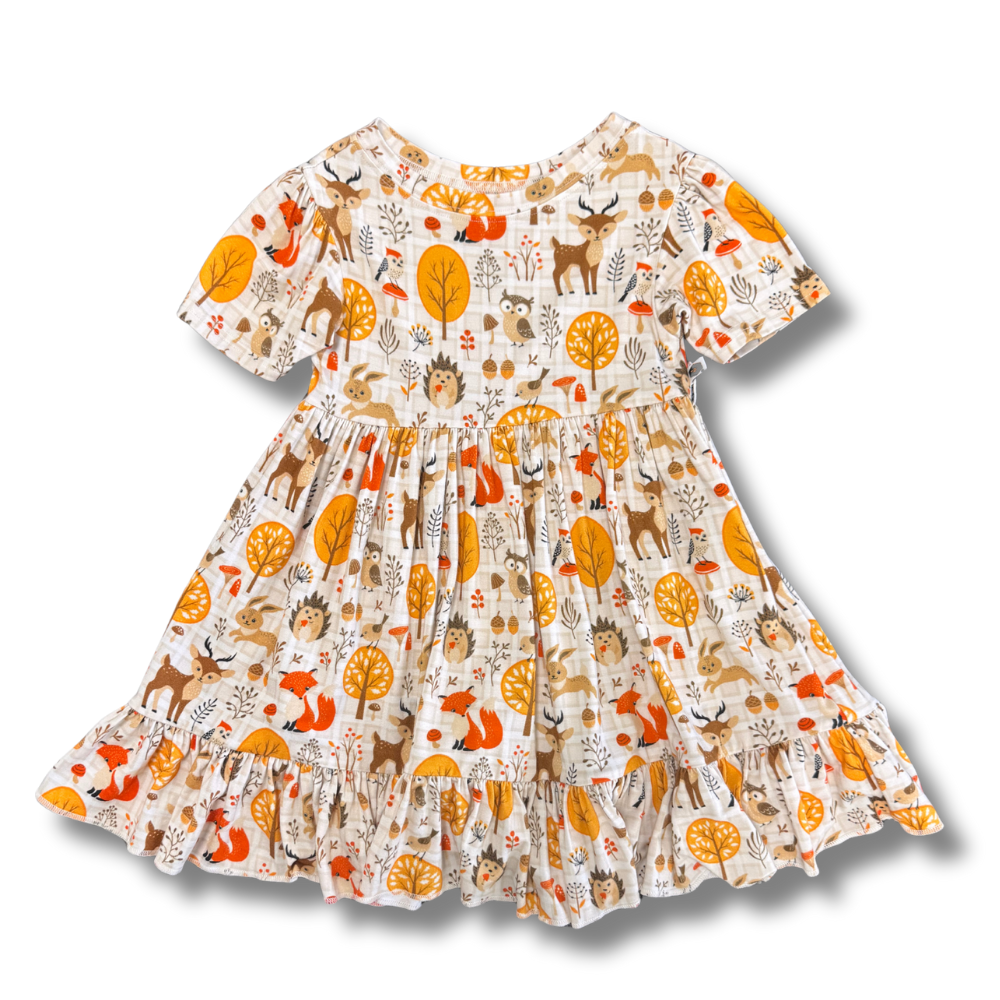 Bamboo Short Sleeve Twirl Dress in Autumn Acres