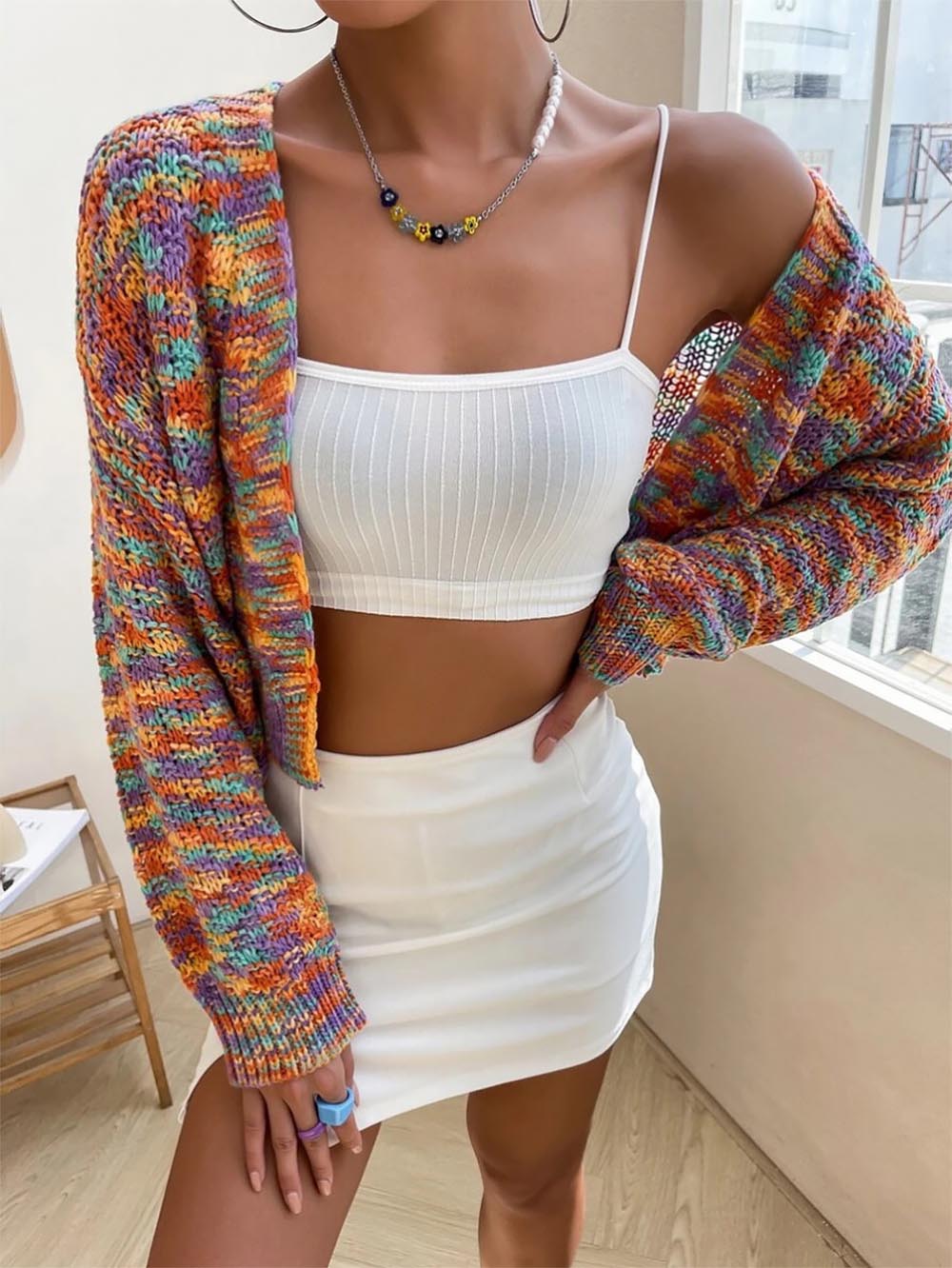 Women Y2K Knit Cropped Cardigan Vintage Rainbow Sweaters| NCS