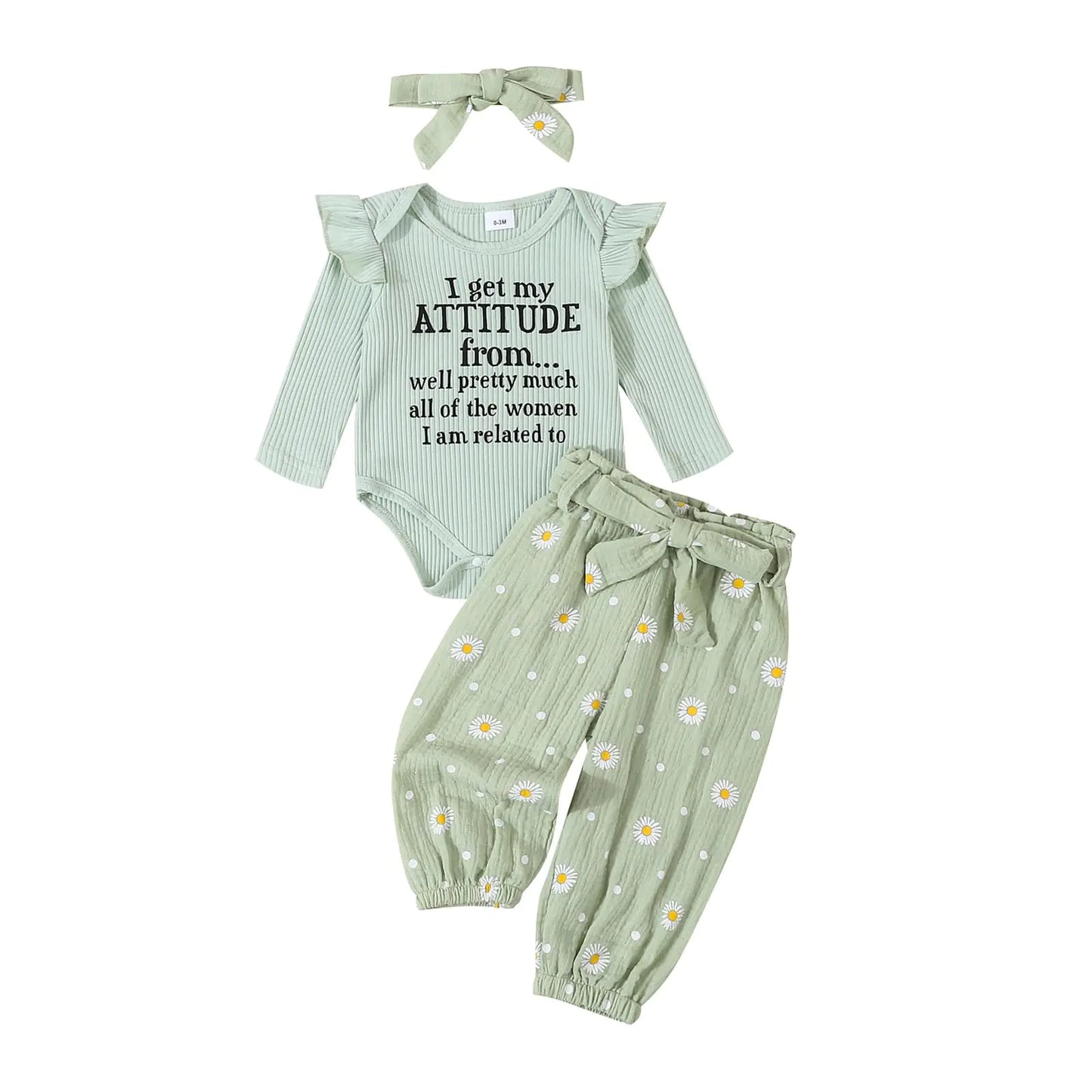 Tsnbre Newborn Baby Girl Clothes Letter Daisy Rib Knit Romper Pants Headband Outfits (Green 0-3 Months) - # BAAA51210009