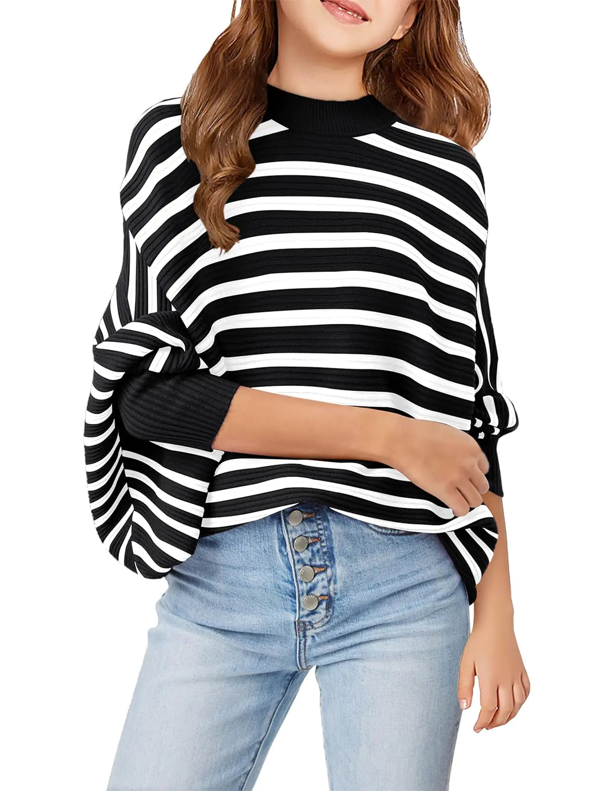 Haloumoning Girls Oversized Striped Sweater Kids Fashion Batwing Sleeve Ribbed Knit Pullover Tops_9-10 Years Black&White - # GIAA22210002