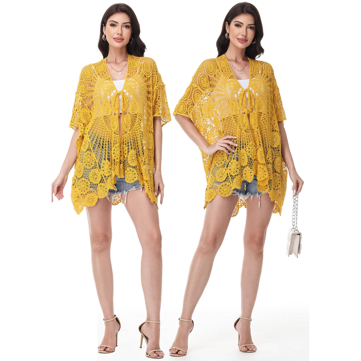 Open Front Crochet Cover-Up with Floral Pattern and Short Sleeves