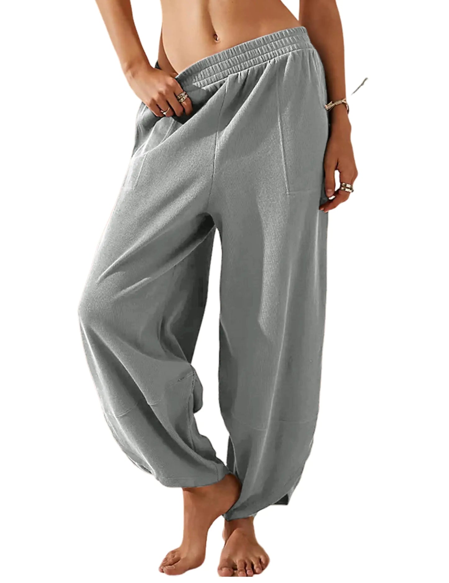 Tomosc Womens Baggy Wide Leg Pants 2024 Fall Linen Pants Casual Elastic Waist Palazzo Harem Pants with Pockets (4S-LightGrey-XL) - # GIAA23410015