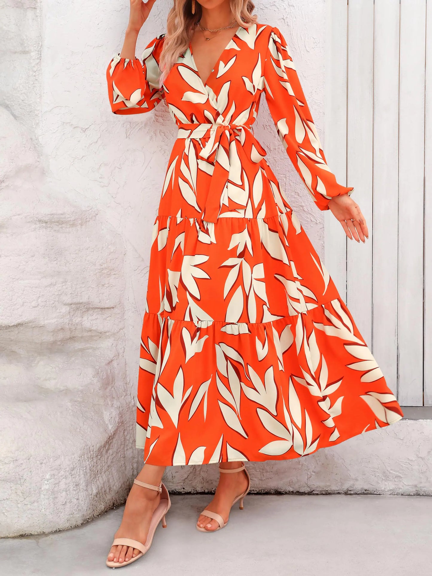 PRETTYGARDEN Womens Fall Long Sleeve Wrap V Neck Ruffle Floral Maxi Dress Casual Tie Waist Boho Chiffon Flowy Long Dresses XX-Large F-orange White - # GIAA231710002