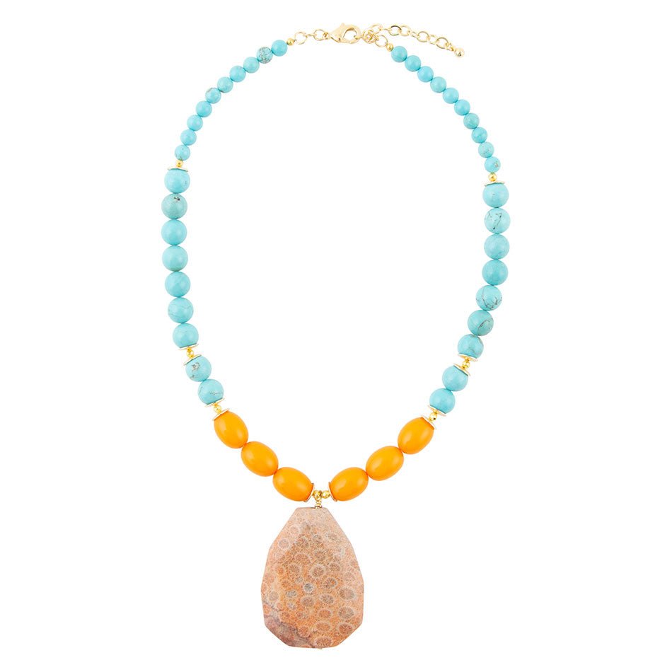 Apricot Fossil Blue Magnesite Golden Pendant Necklace