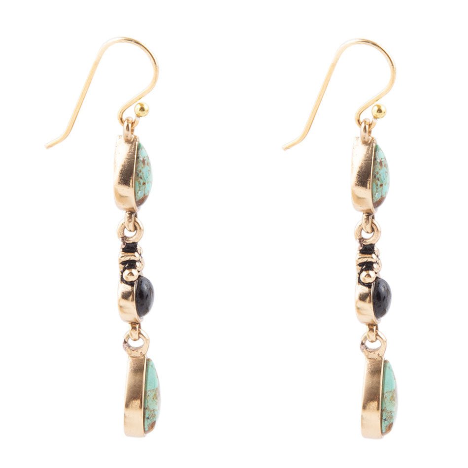 Barcelona Blue Turquoise and Black Onyx Linear Drop Golden Earrings