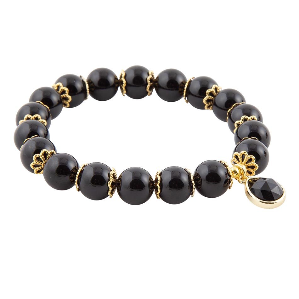 Black Onyx Gold Tone Beaded Stretch Bracelet
