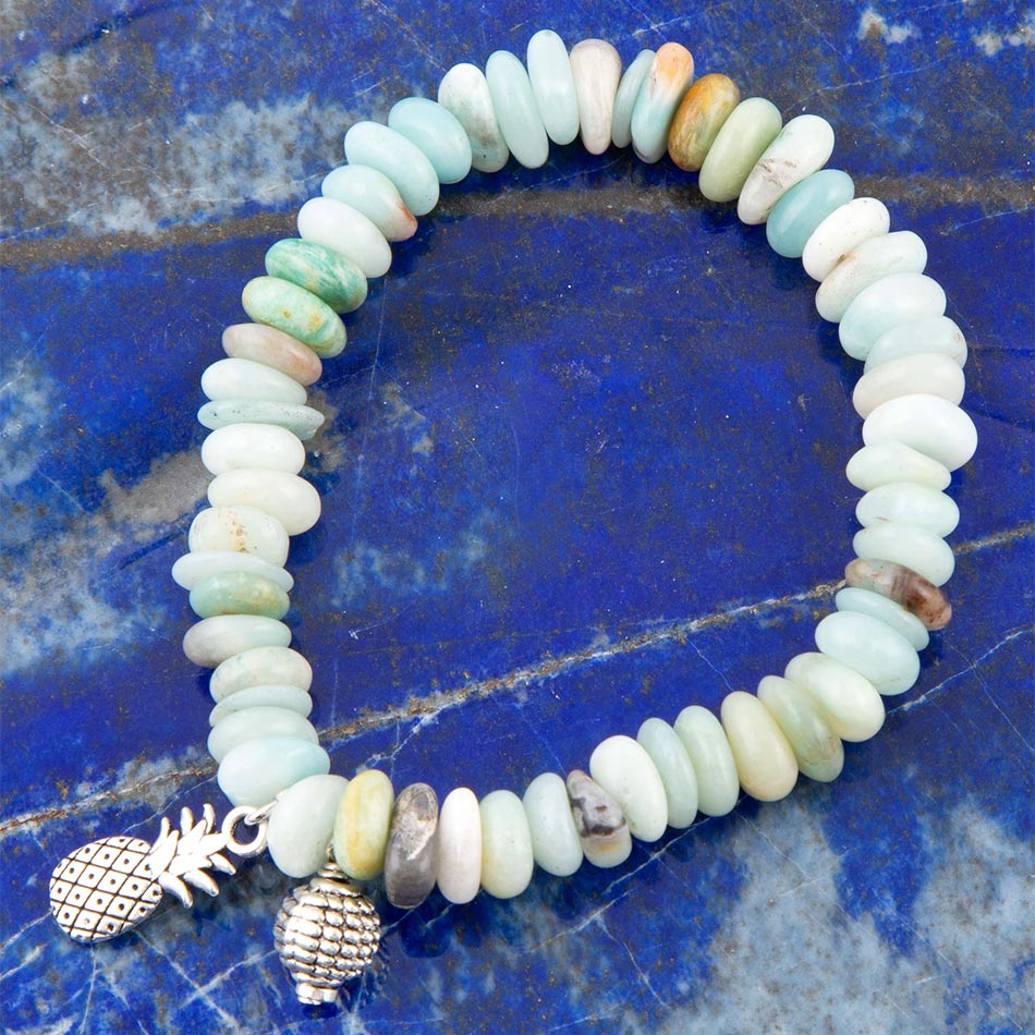 Blue Mint Amazonite and Silver Charm Stretch Bracelet