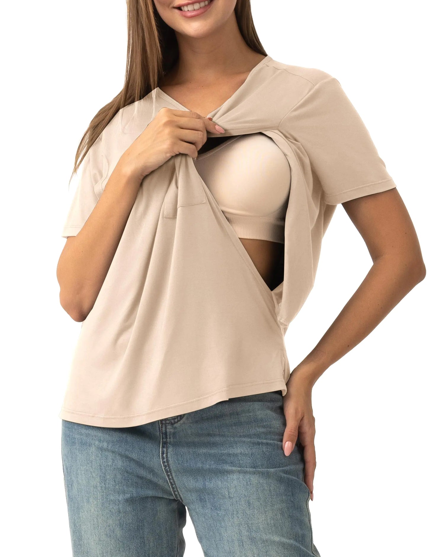 SUNNYBUY Womens Nursing Tops Breastfeeding Cover Short Sleeves Maternity Tee Shirts Double Layer Postpartum Clothes Apricot S - # BAGE211510125-NURSG