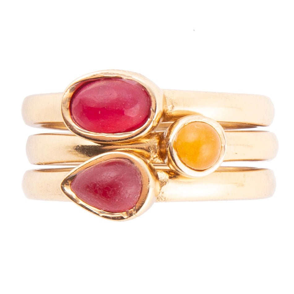 Dainty Stackable Red and Yellow Agate Golden Ring Set