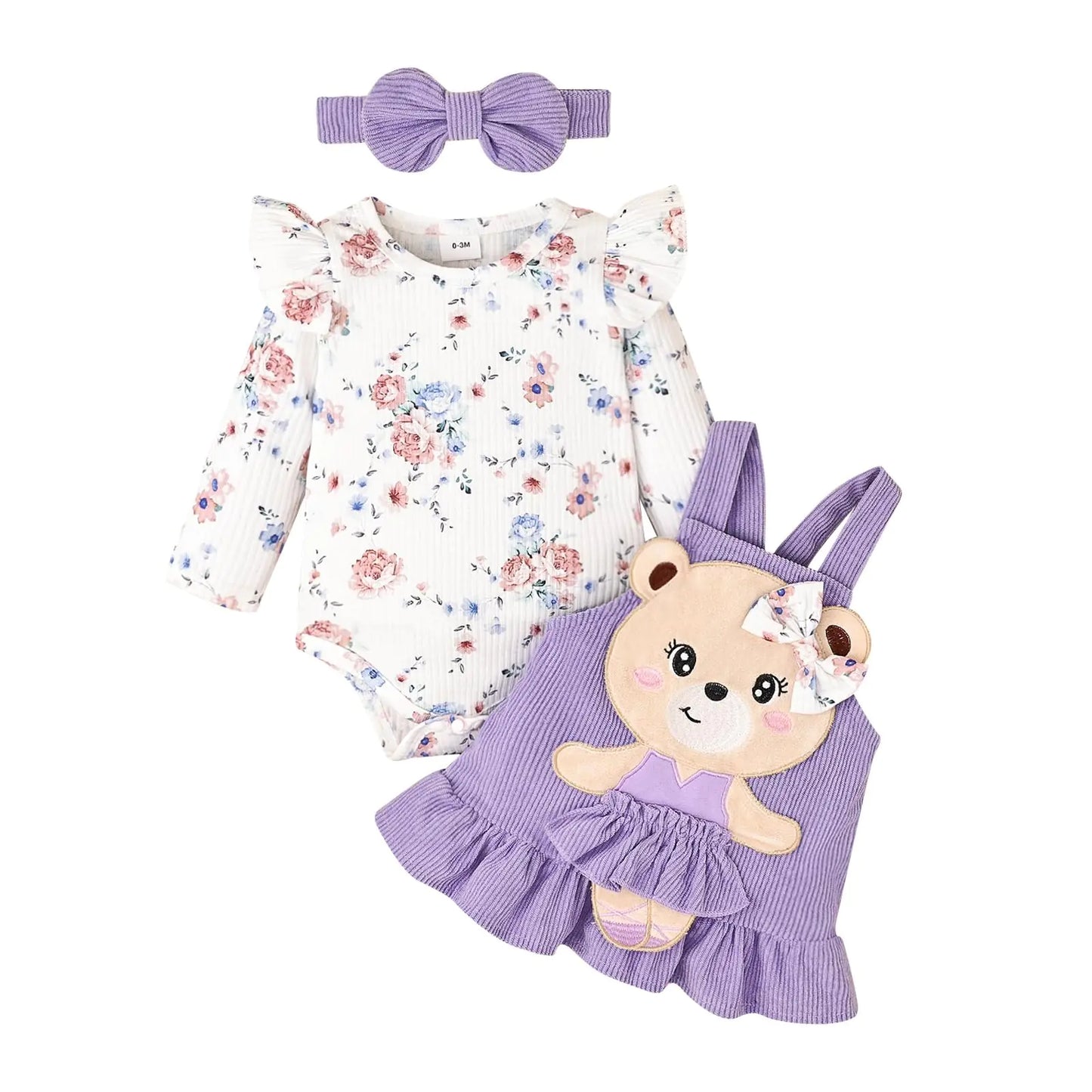 18 Month Girl Clothes Suspender Skirt Newborn Ruffled Flower Romper + Cute Bear Dress + Headband Outfits 3 Pcs Purple 12-18 Months - # BAAA51210008