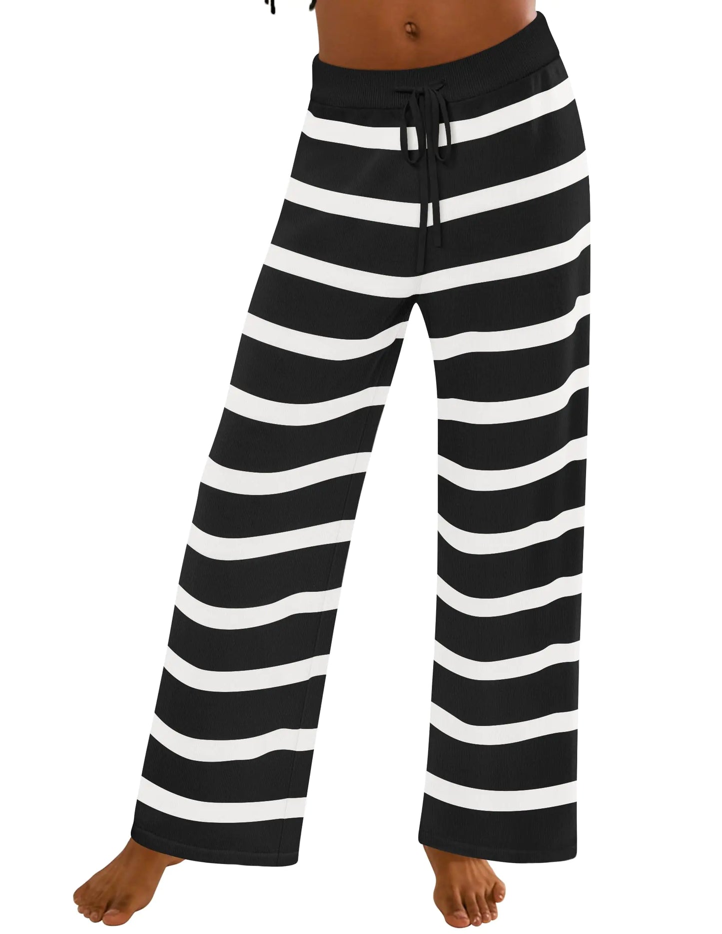 ZESICA Women's Casual Striped Wide Leg Pants Elastic Waist Drawstring Loose Knit Soft Pajama Lounge Palazzo Pants Fall Clothes-Black-Small - # GIAA23410024
