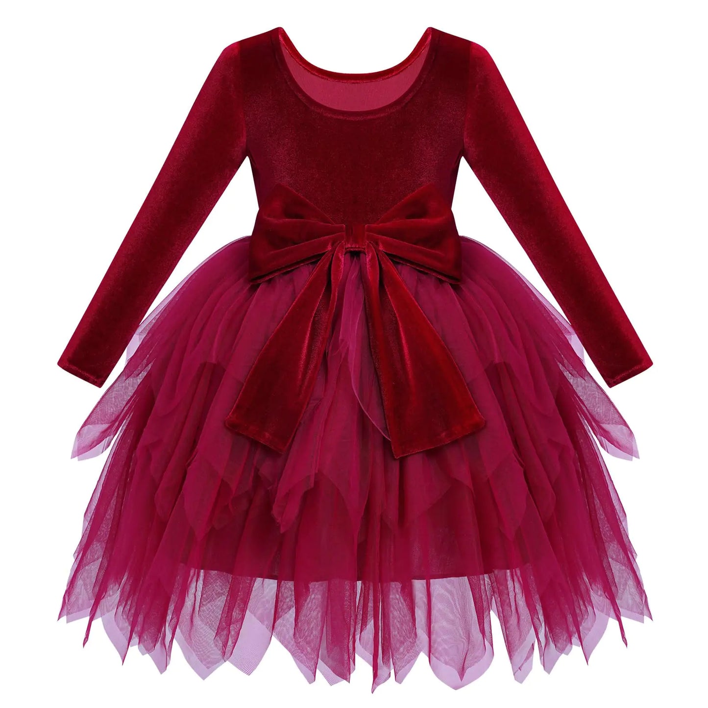 IDOPIP Toddler Baby Girls Velvet Tutu Dress-Bowknot Tulle Ruffle Long Sleeve Princess Christmas/Birthday Party Dresses-Fall/Winter Clothes-Kids Vintage-Holiday Pageant Dress/Outfit-Red - 5-6 Years - # GIAA211710021