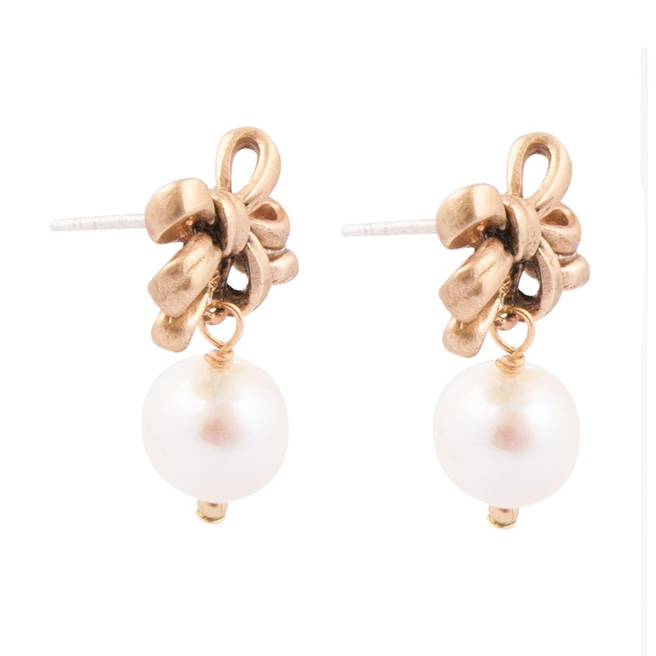 Gifted Freshwater Pearl Bow Golden Drop Earrings
