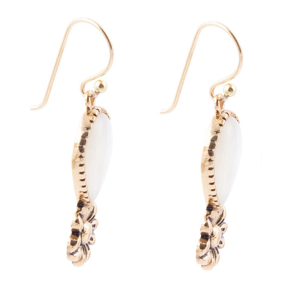 Golden Flower and White Mother of Pearl Drop Earrings