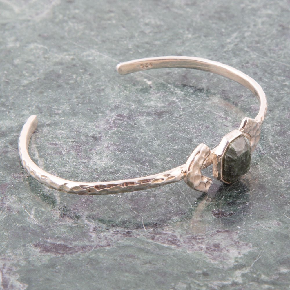 Hammered Green Seraphinite and Sterling Silver Cuff Bracelet
