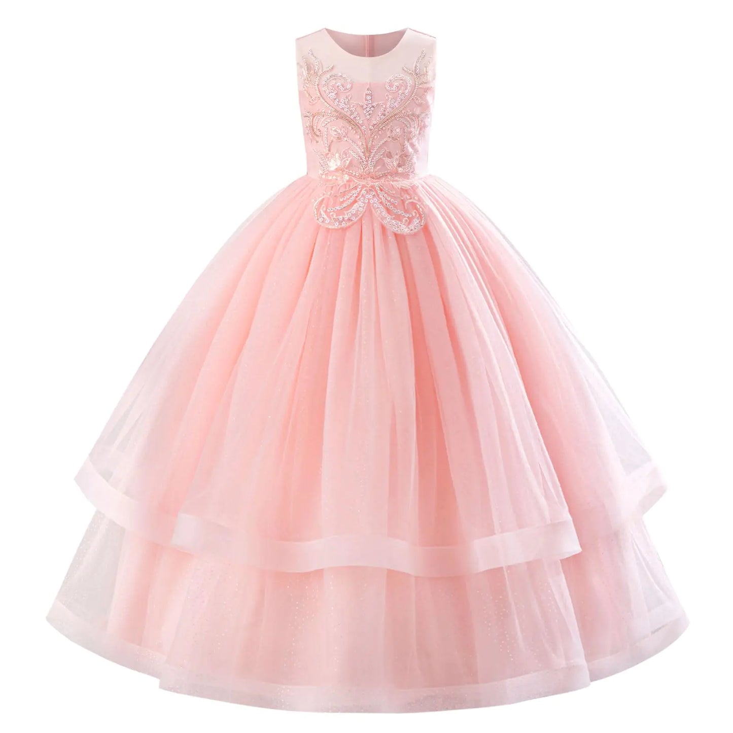 IDOPIP Flower Girl Sequin Lace Dress for Kids-Wedding Bridesmaid Pageant Party Formal Long Maxi Gown-Little Princess First Communion Birthday Prom Shiny Appliques Puffy Tulle Dresses-Pink - 6-7 Years - # GIAA211710024